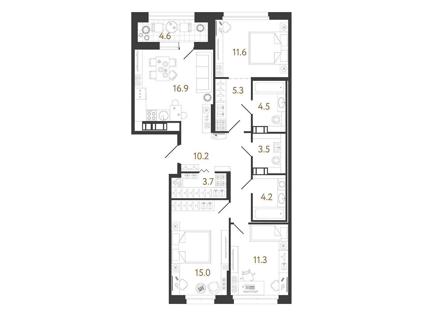 Планировка: 3-комн. квартира 86.20 м² в новостройке Куинджи