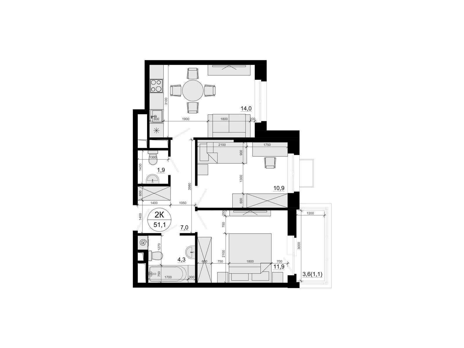 Планировка: 2-комн. квартира 52.80 м² в новостройке ЖК Одинцовские кварталы