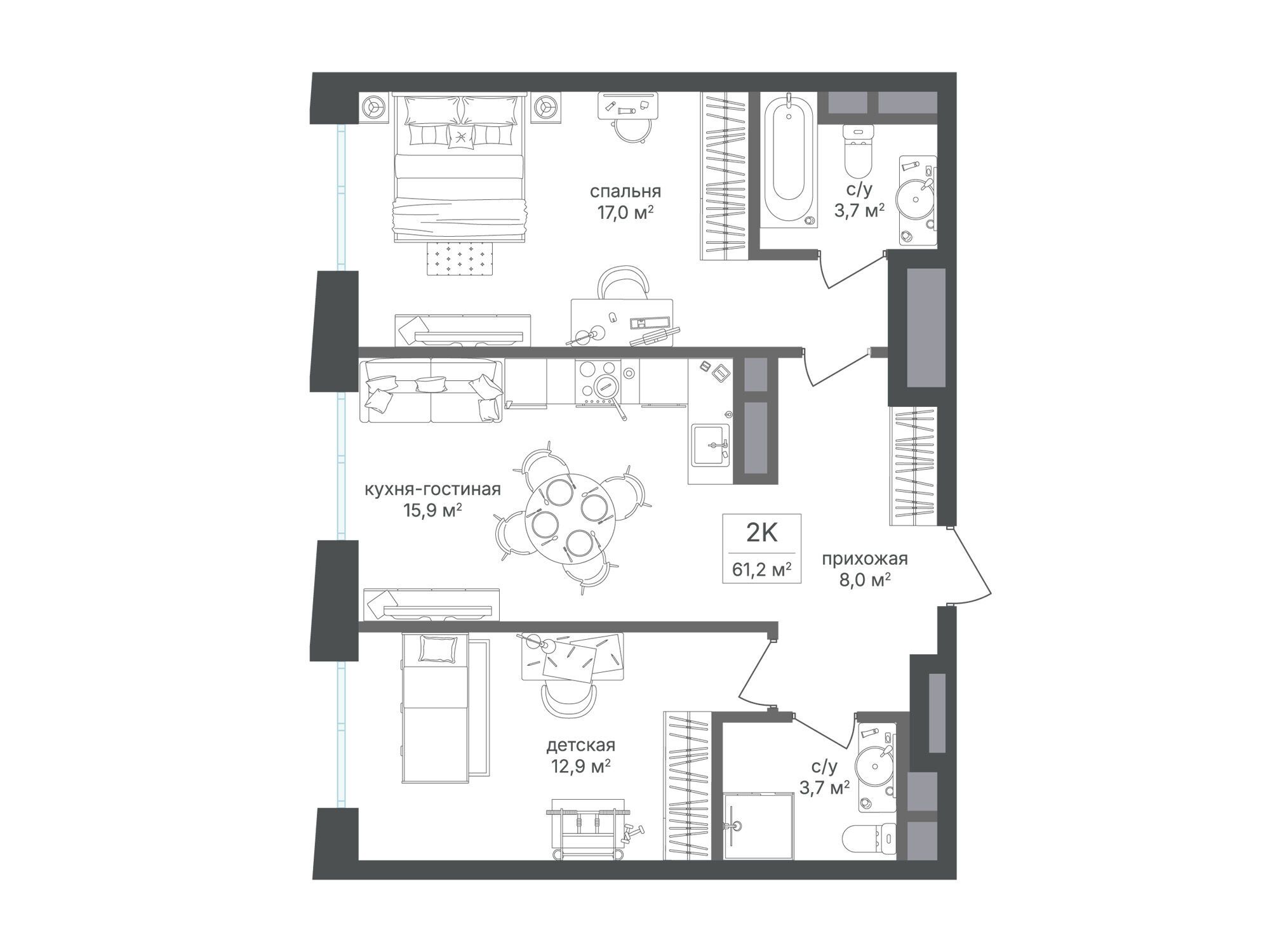 Планировка: 2-комн. квартира 60.60 м² в новостройке Семеновский парк 2