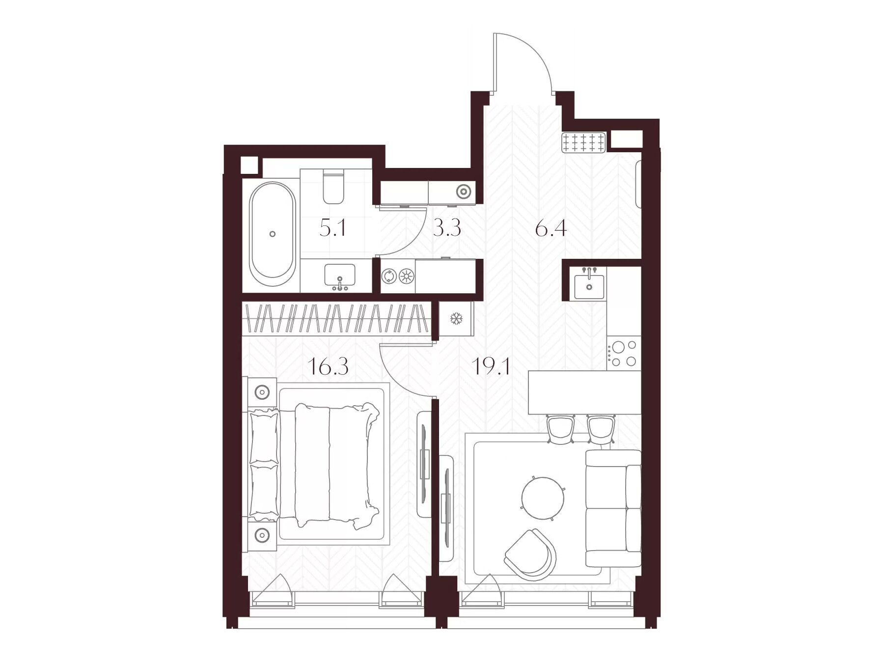 Планировка: 1-комн. квартира 50.20 м² в новостройке Климашкина 7/11