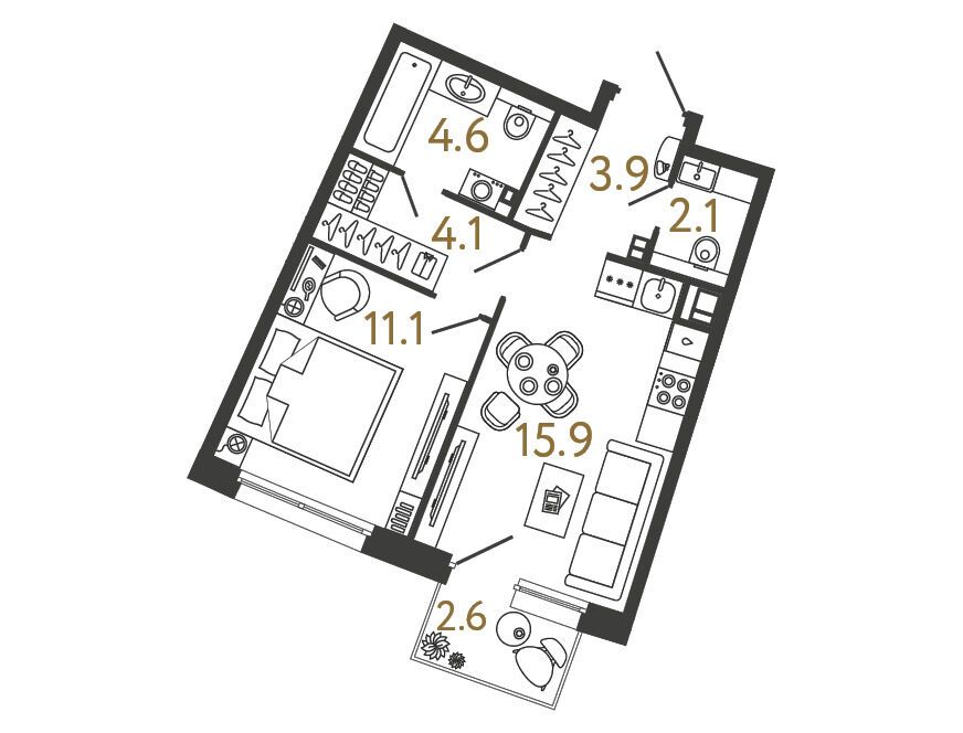 Планировка: 1-комн. квартира 41.70 м² в новостройке Цвет Зеленогорска