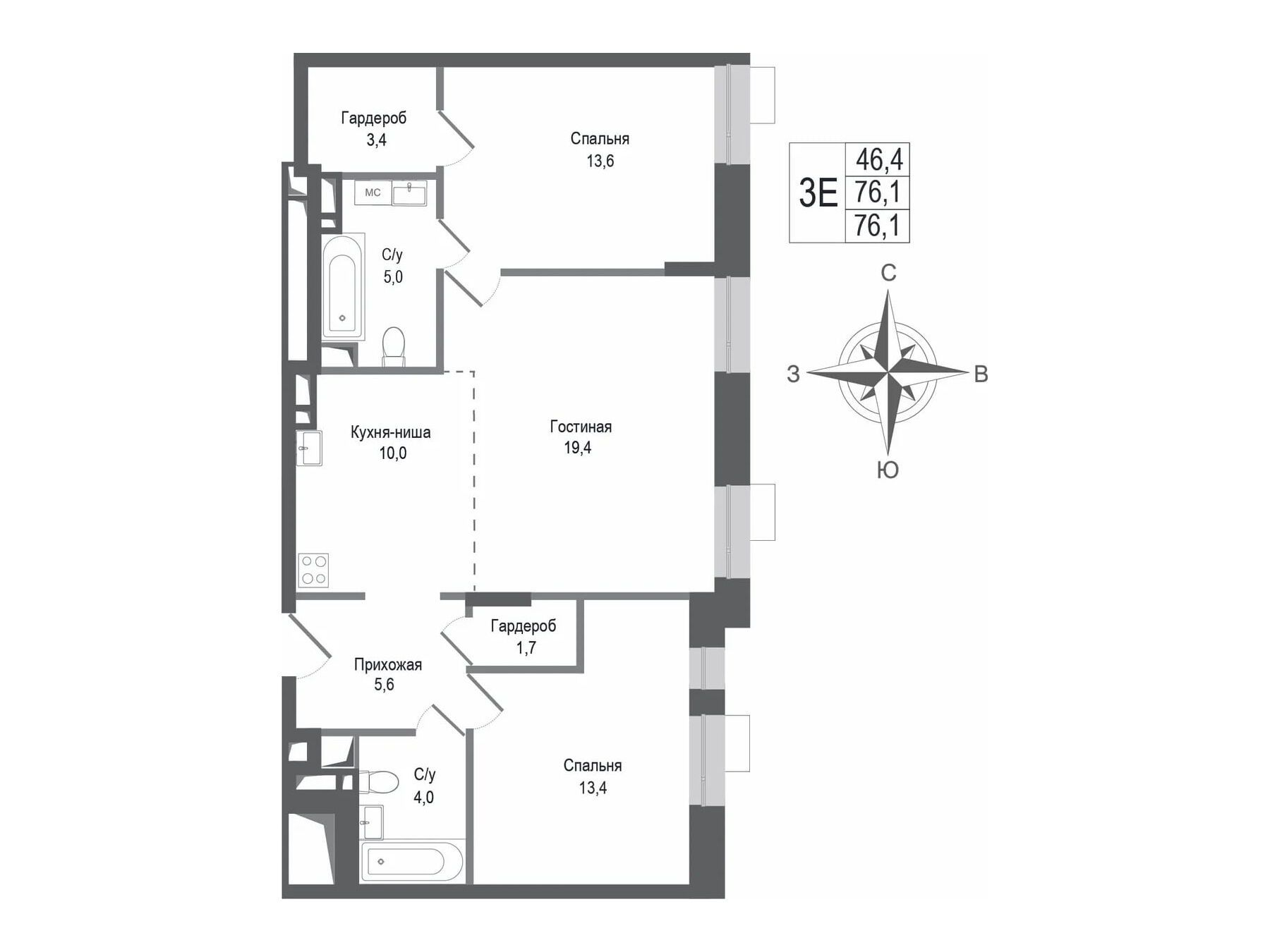 Планировка: 3-комн. квартира 76.10 м² в новостройке Киноквартал