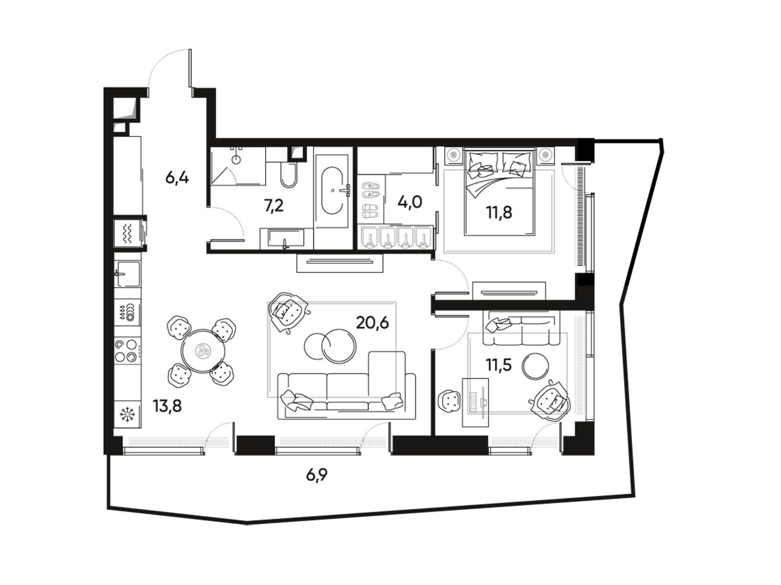 Планировка: 3-комн. квартира 76.50 м² в новостройке Прайд