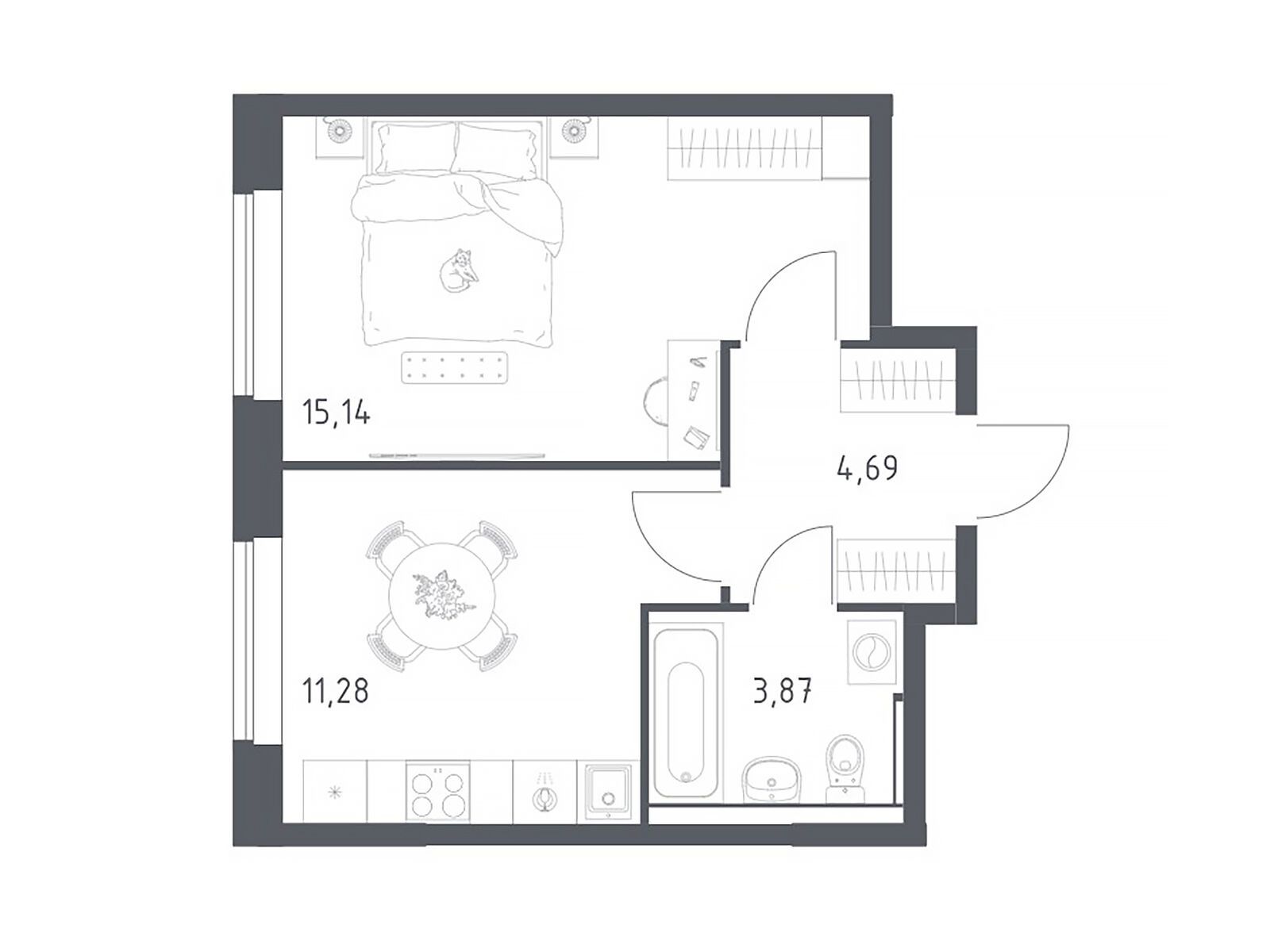 Планировка: 1-комн. квартира 34.70 м² в новостройке Пригород Лесное