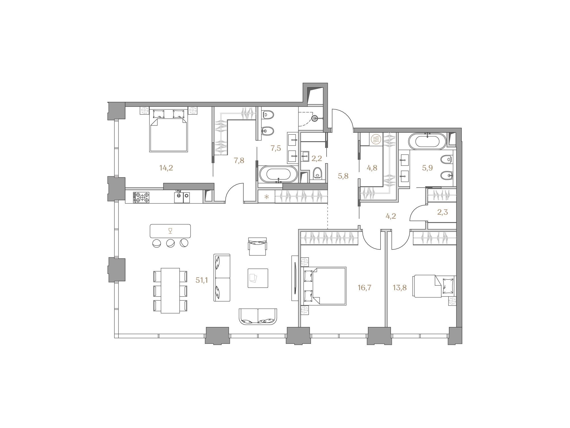 Планировка: 3-комн. квартира 136.30 м² в новостройке Коллекция Лужники