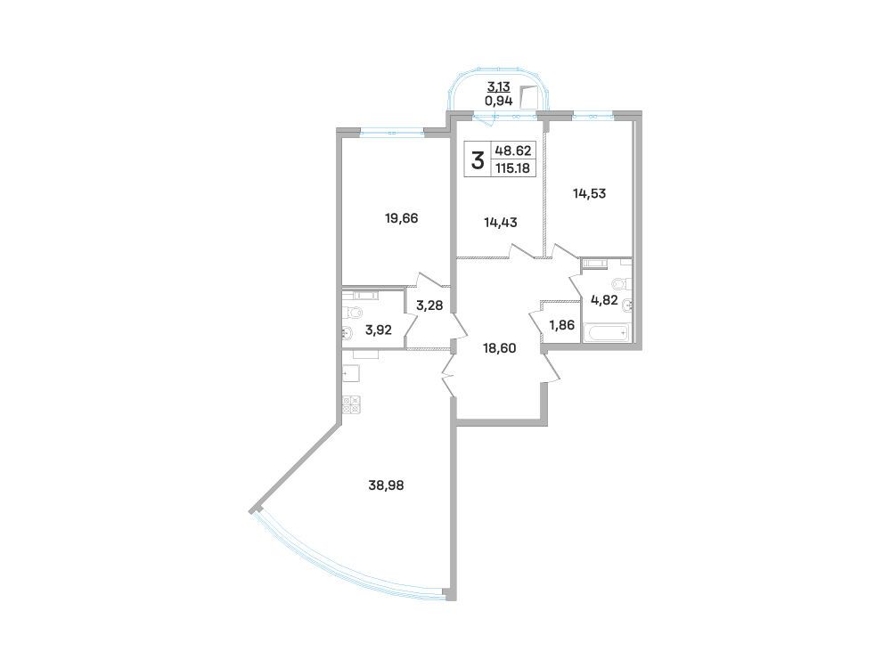 Планировка: 3-комн. квартира 118.60 м² в новостройке Дом-Мегалит в Королеве