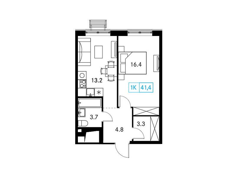 Планировка: 1-комн. квартира 41.60 м² в новостройке Новый Зеленоград