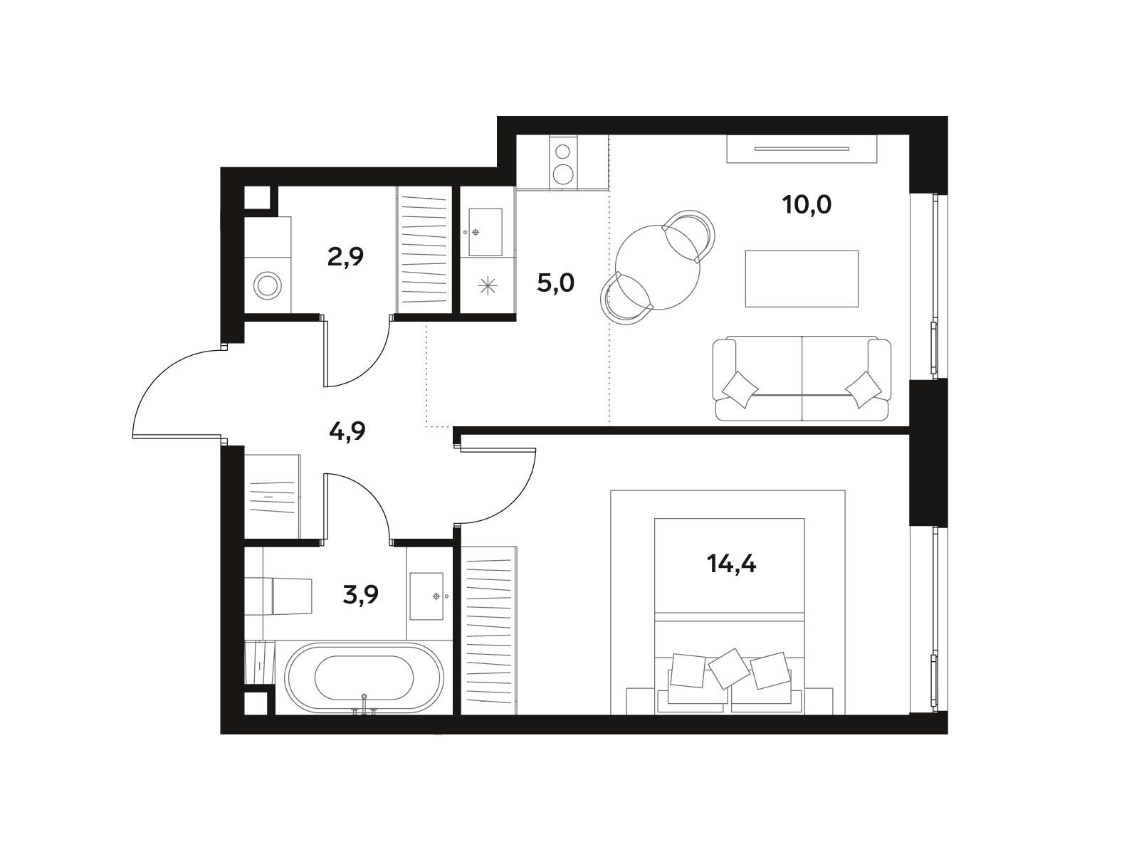 Планировка: 1-комн. квартира 41.10 м² в новостройке Алиа
