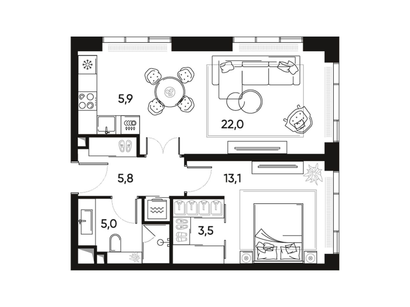Планировка: 2-комн. квартира 56.40 м² в новостройке Прайд