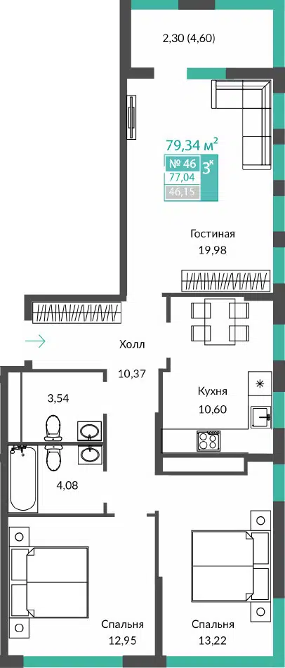 Планировка: 3-комн. квартира 77.04 м² в новостройке ЖК Единство