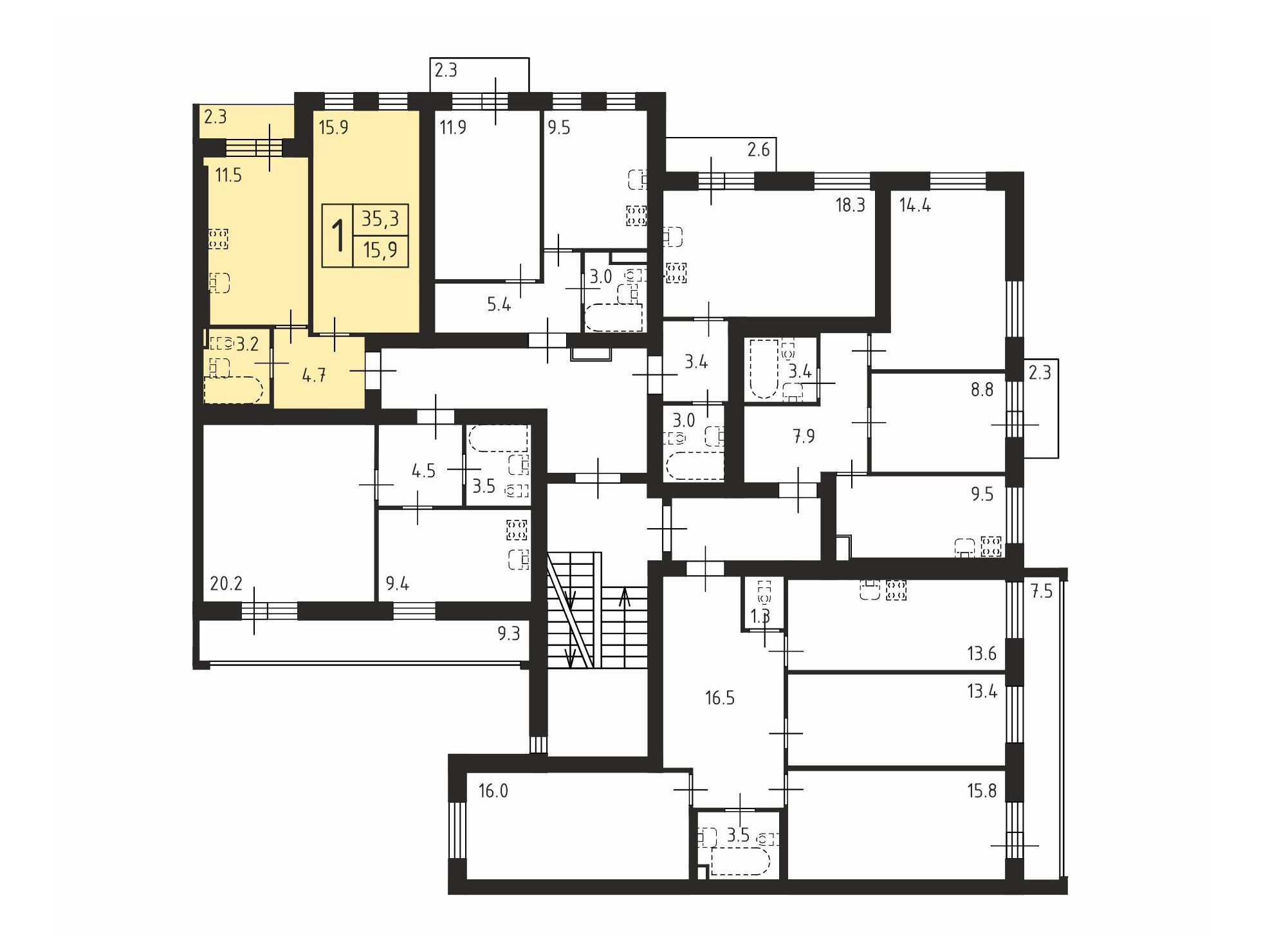 Планировка: 1-комн. квартира 35.30 м² в новостройке Щегловская усадьба