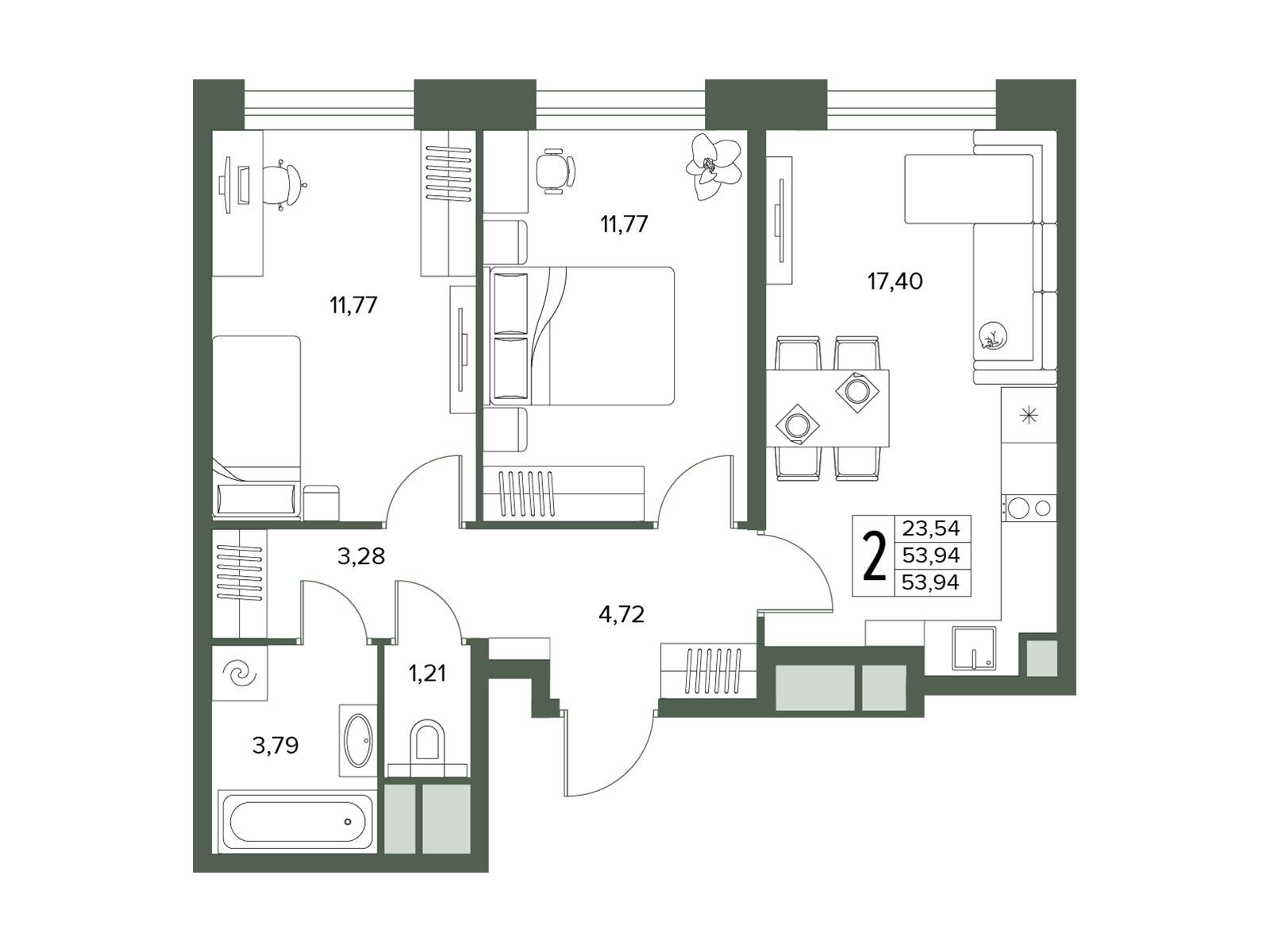 Планировка: 2-комн. квартира 53.94 м² в новостройке Городской бор