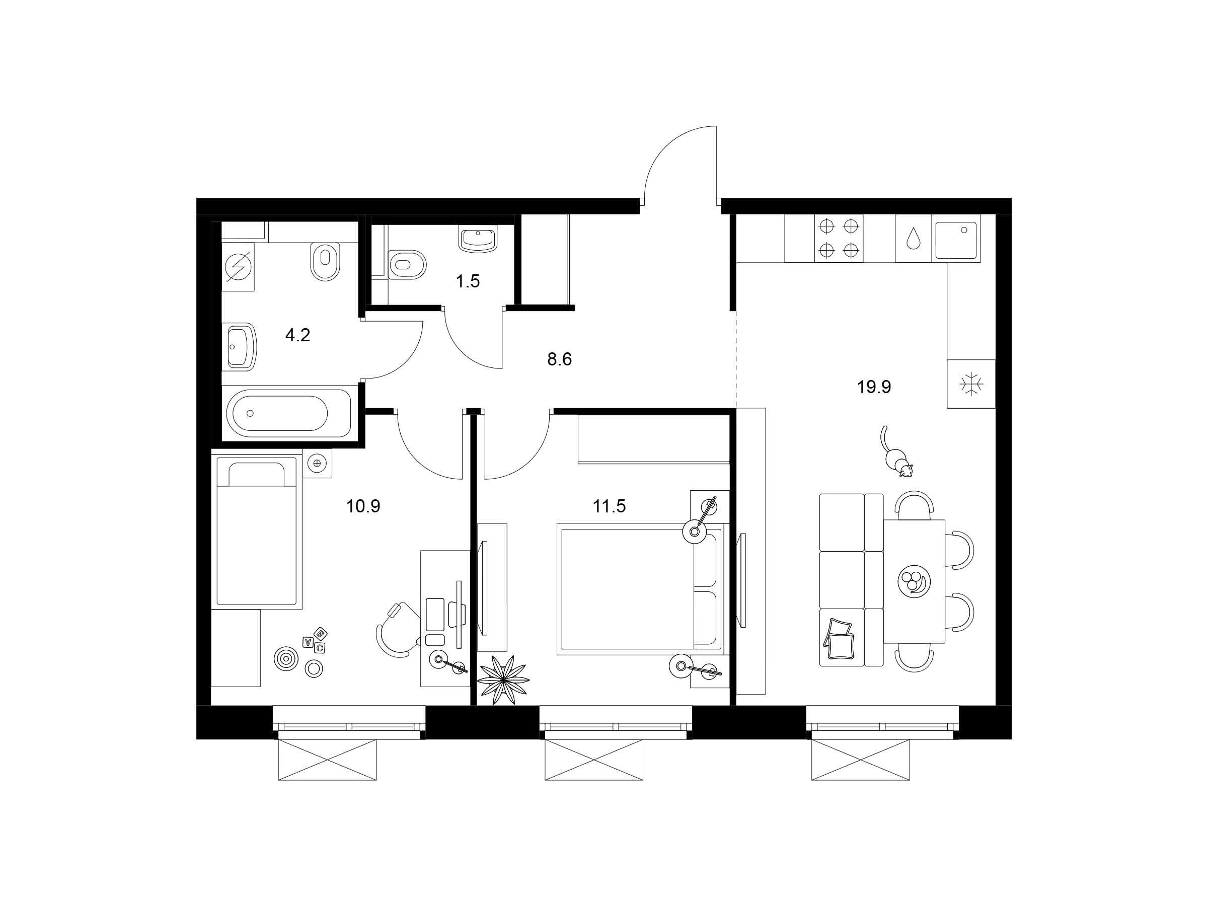 Планировка: 2-комн. квартира 56.60 м² в новостройке ЖК Люблинский парк