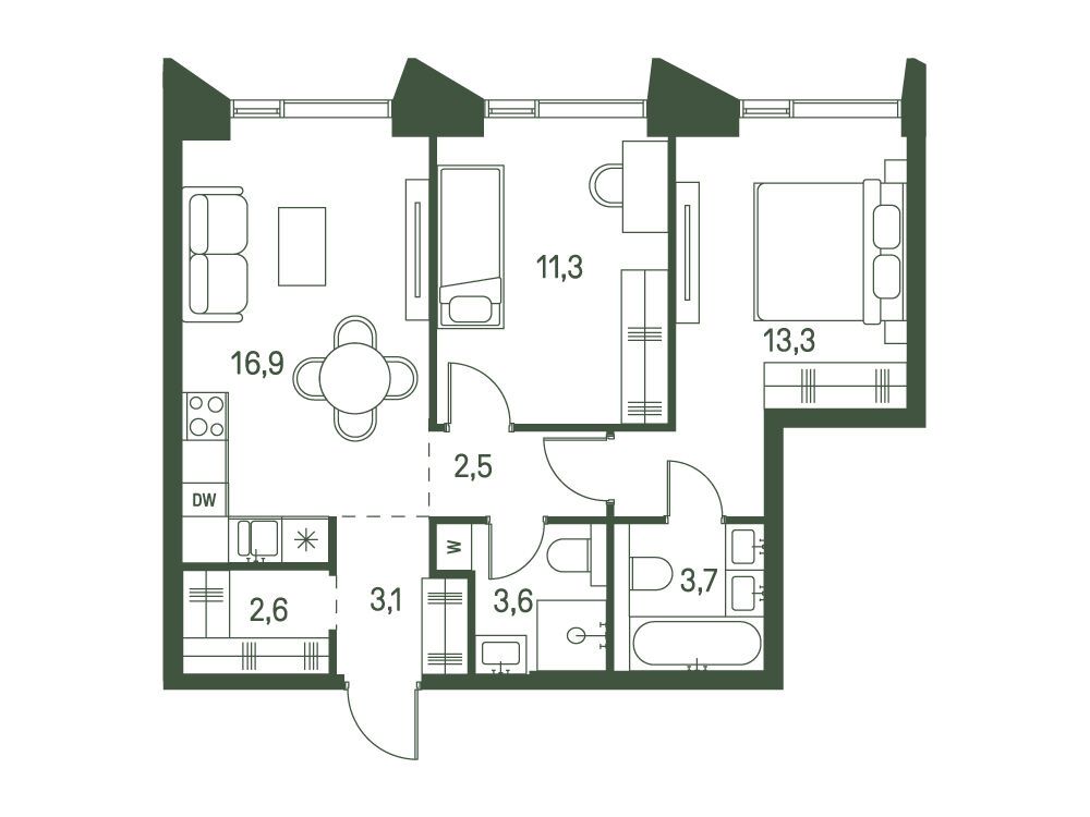 Планировка: 2-комн. квартира 57.00 м² в новостройке ЖК Моментс