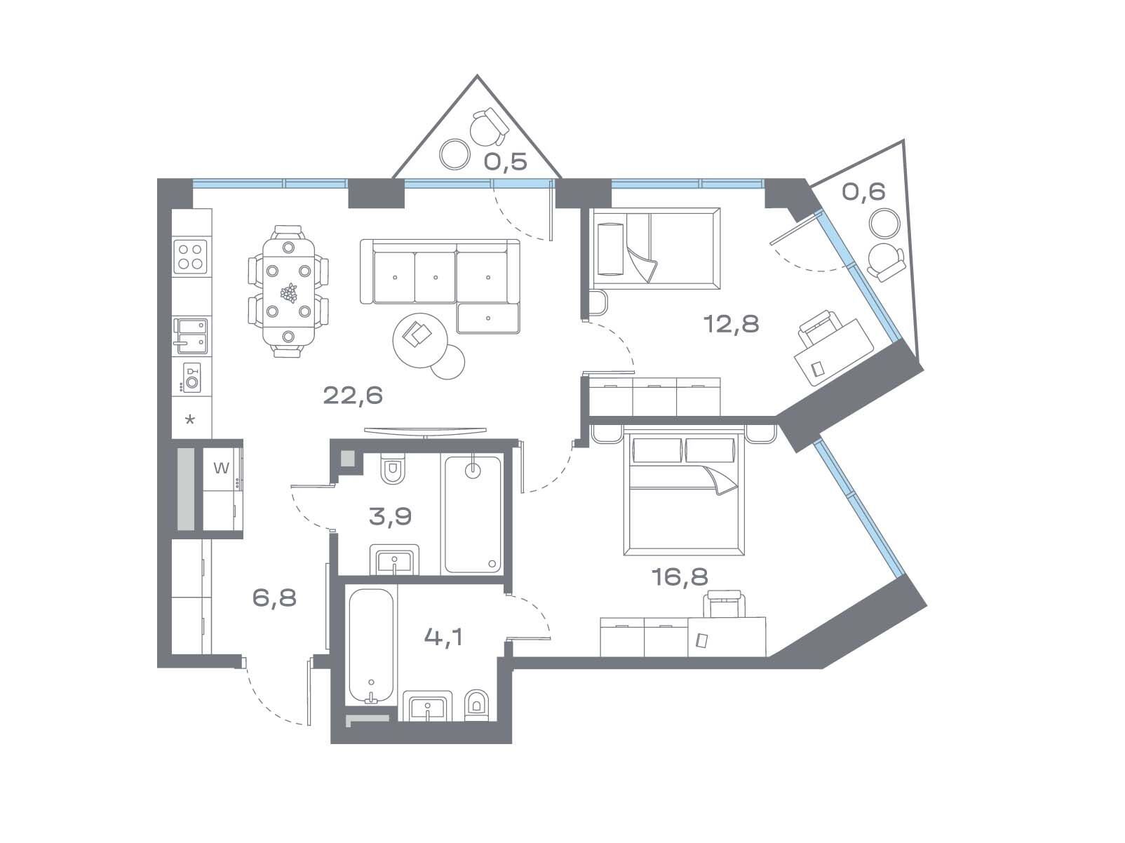 Планировка: 2-комн. квартира 68.09 м² в новостройке Дом Горизонтов