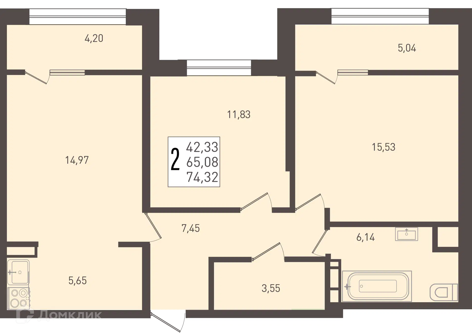 Планировка: 2-комн. квартира 74.32 м² в новостройке Югге