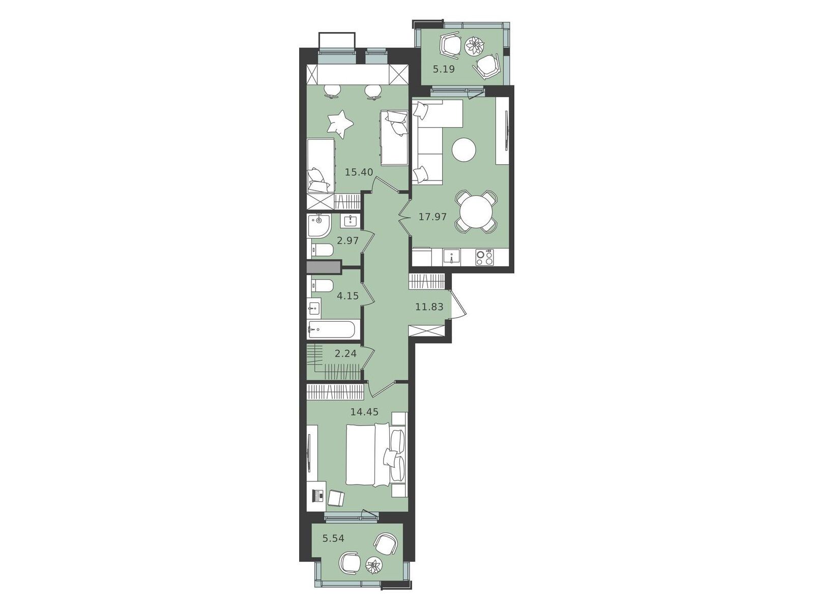Планировка: 2-комн. квартира 74.38 м² в новостройке Мишино-2