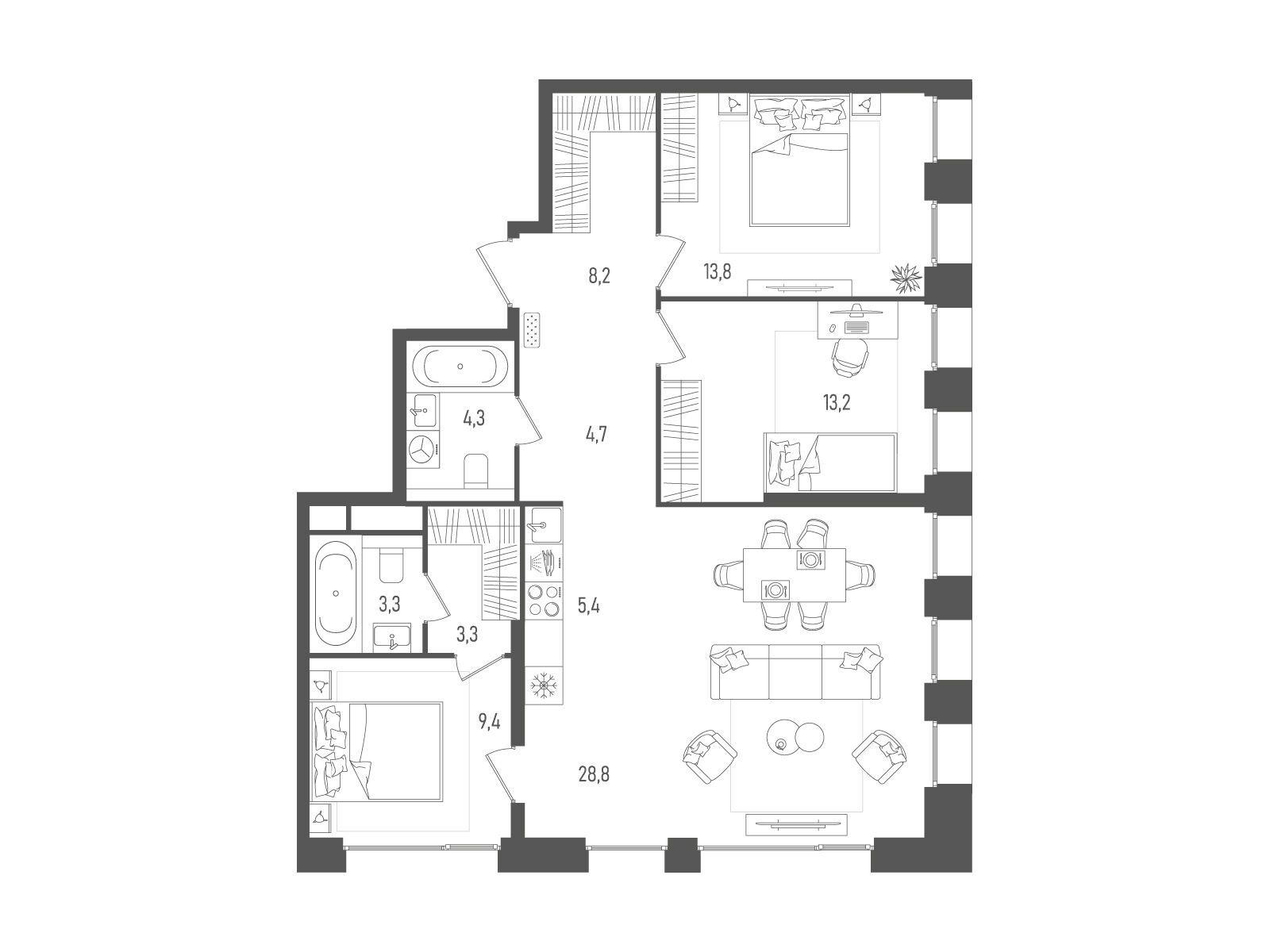 Планировка: 3-комн. квартира 94.40 м² в новостройке ЖК Пейв