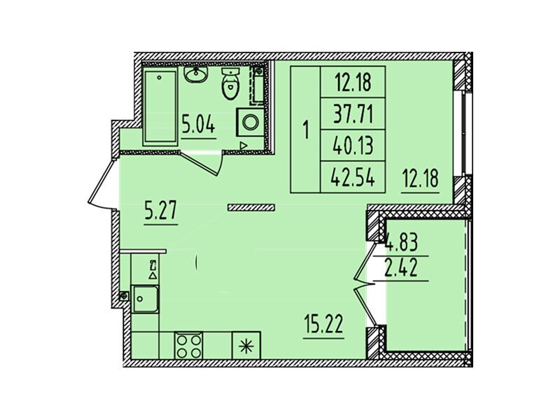 Планировка: 1-комн. квартира 37.71 м² в новостройке Образцовый квартал 14