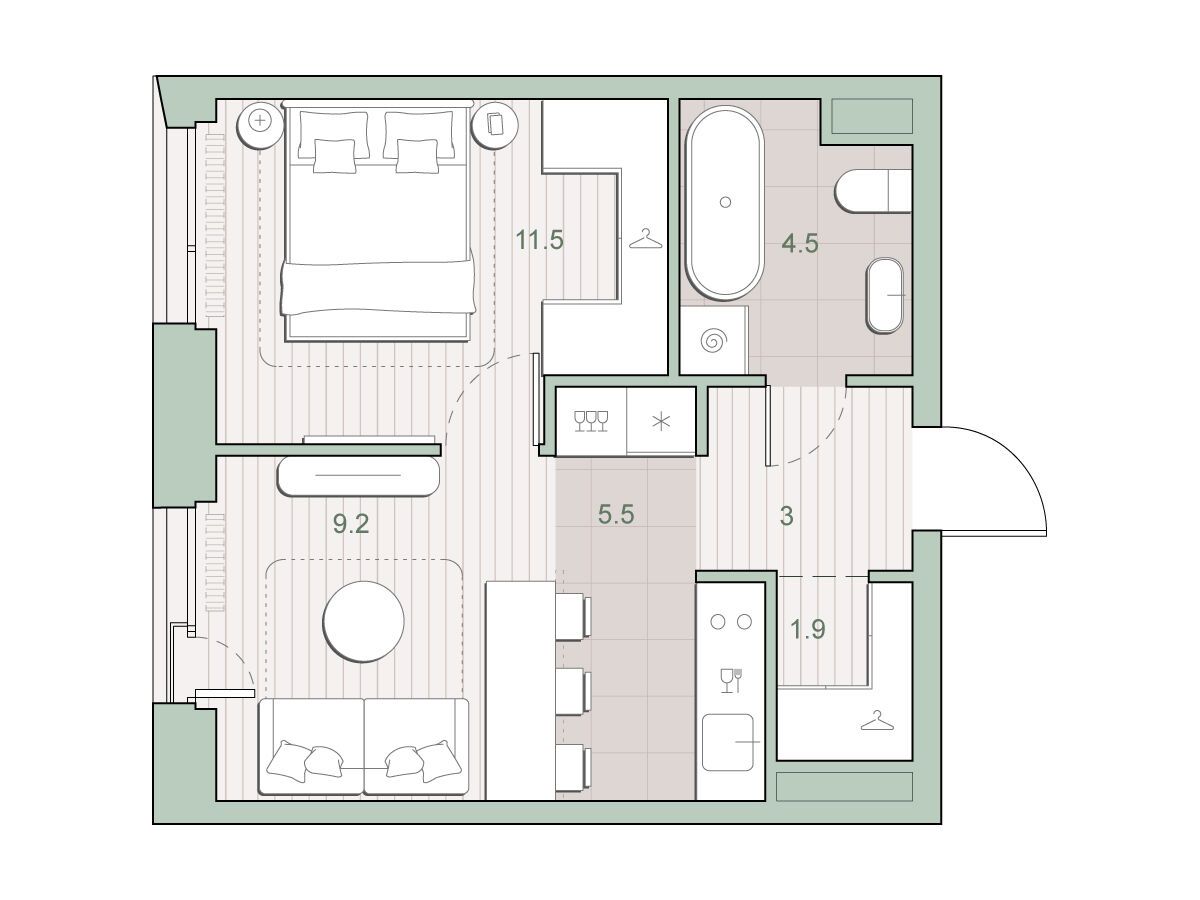 Планировка: 1-комн. квартира 35.60 м² в новостройке Среда на Лобачевского