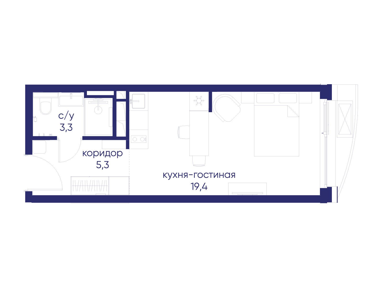 Планировка: Студия 28.00 м² в новостройке Остров