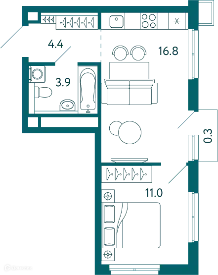Планировка: 1-комн. квартира 36.40 м² в новостройке Садовые кварталы