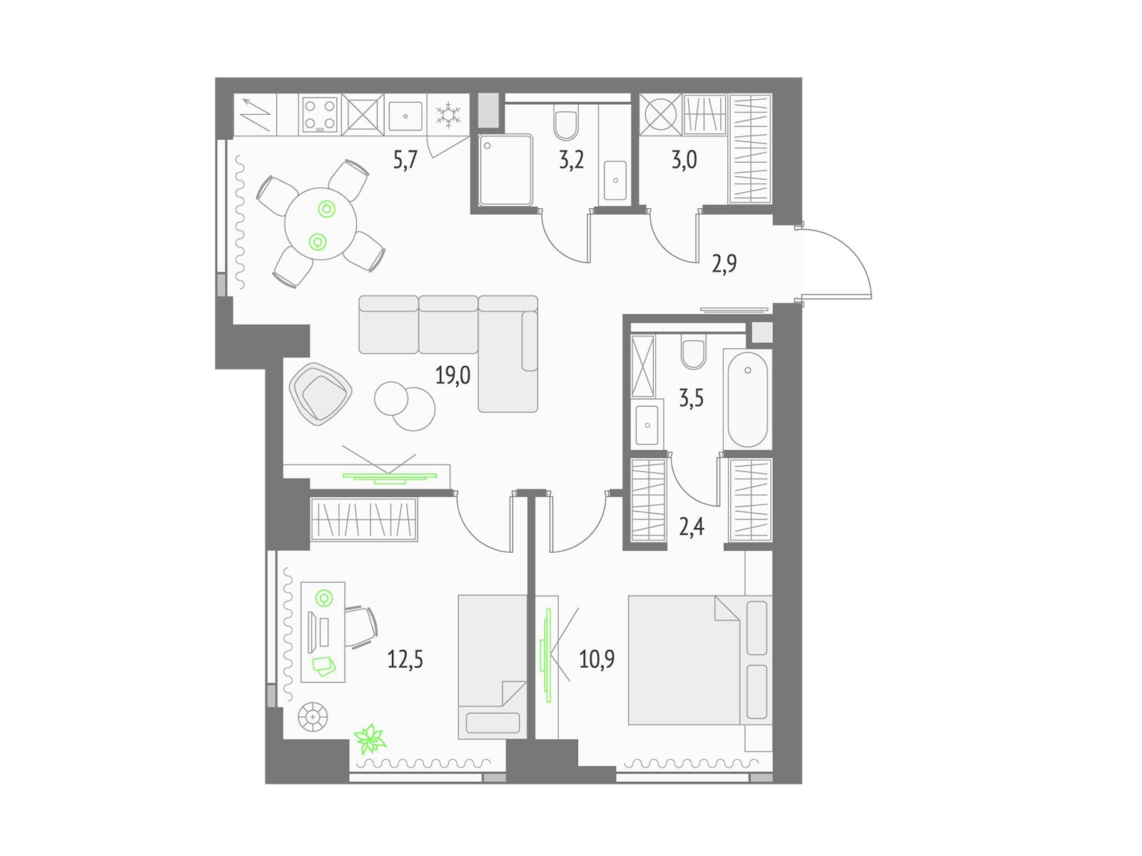Планировка: 2-комн. квартира 64.30 м² в новостройке Апсайд Тауерс
