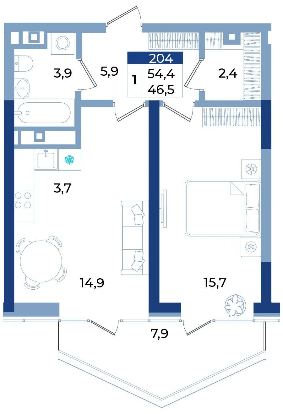 Планировка: 1-комн. квартира 54.40 м² в новостройке Комплекс апартаментов Эфириум