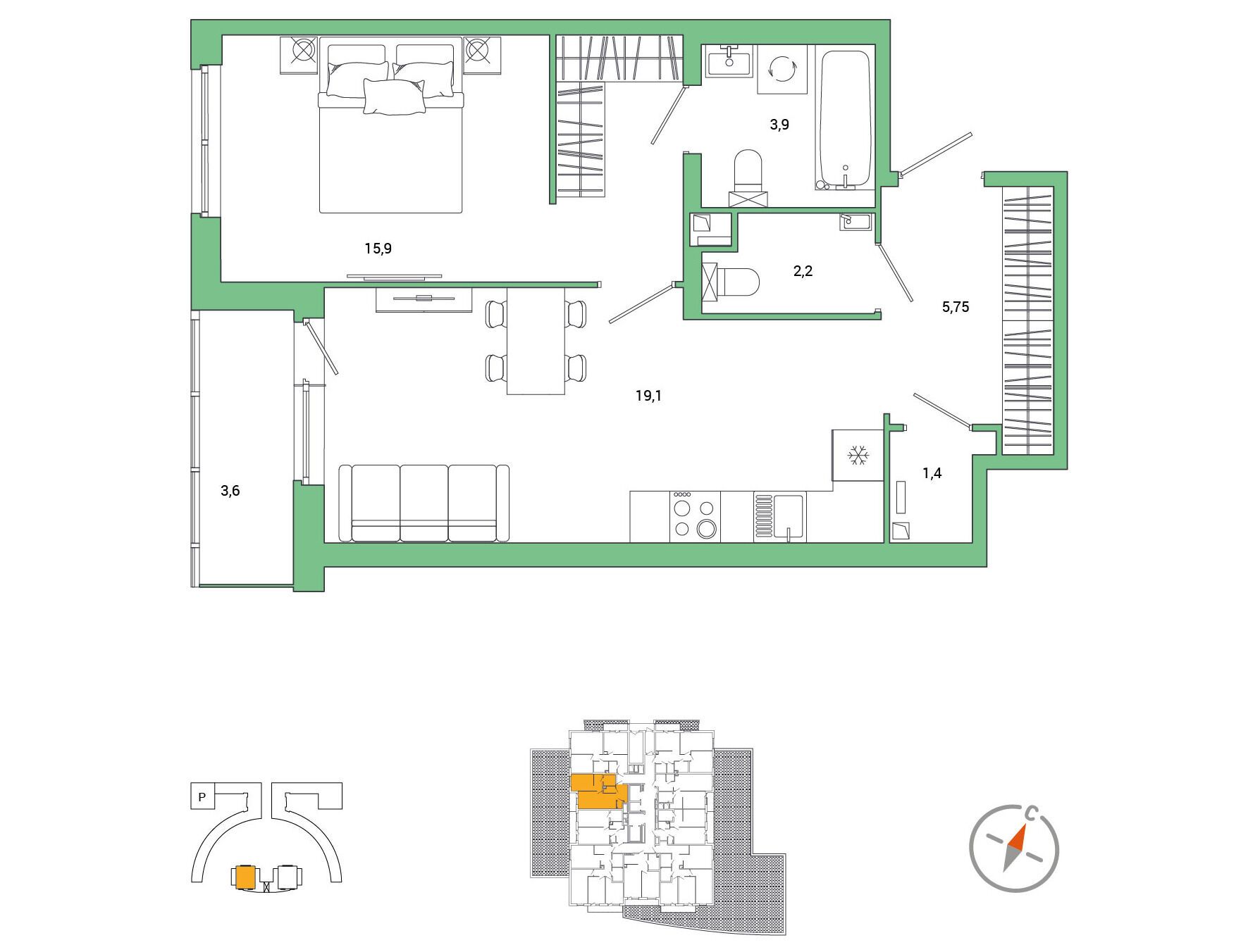 Планировка: 1-комн. квартира 50.05 м² в новостройке Окла Вижн