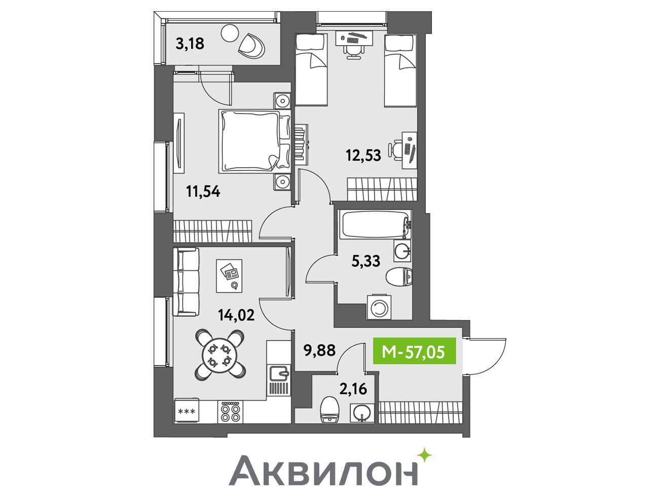 Планировка: 3-комн. квартира 57.50 м² в новостройке Аквилон Лив