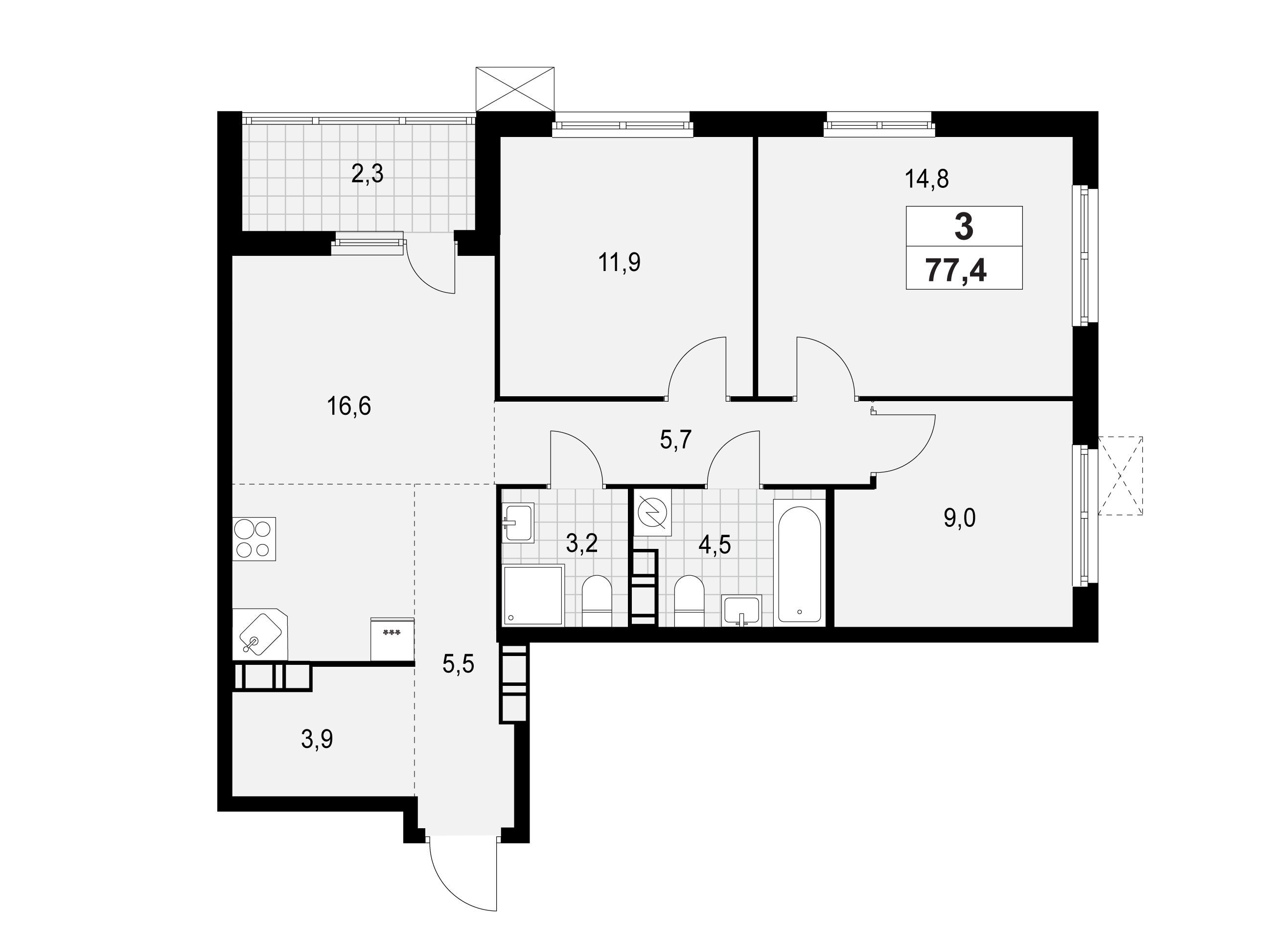 Планировка: 3-комн. квартира 77.40 м² в новостройке А101 Лаголово