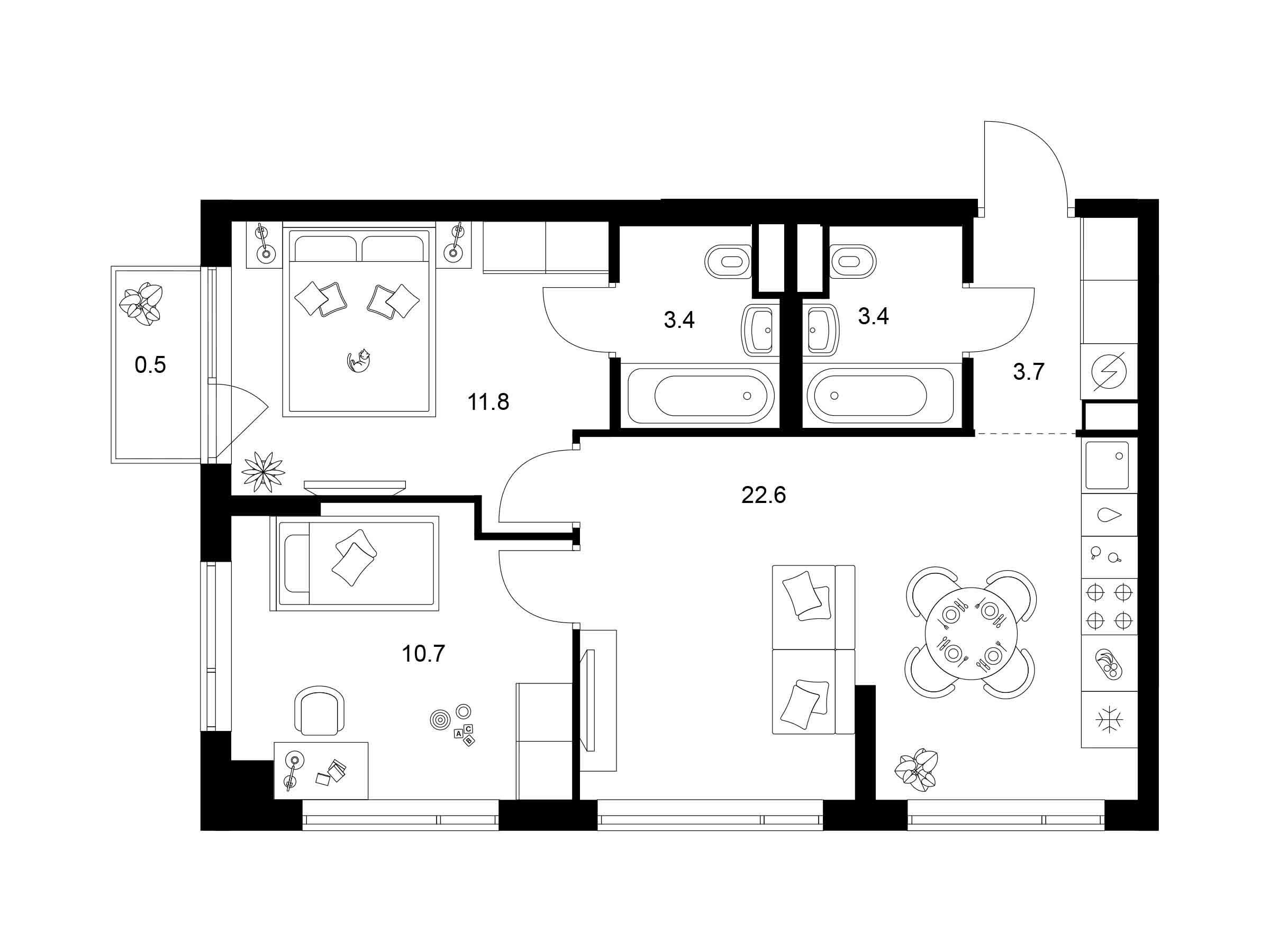 Планировка: 2-комн. квартира 56.10 м² в новостройке Бунинская набережная