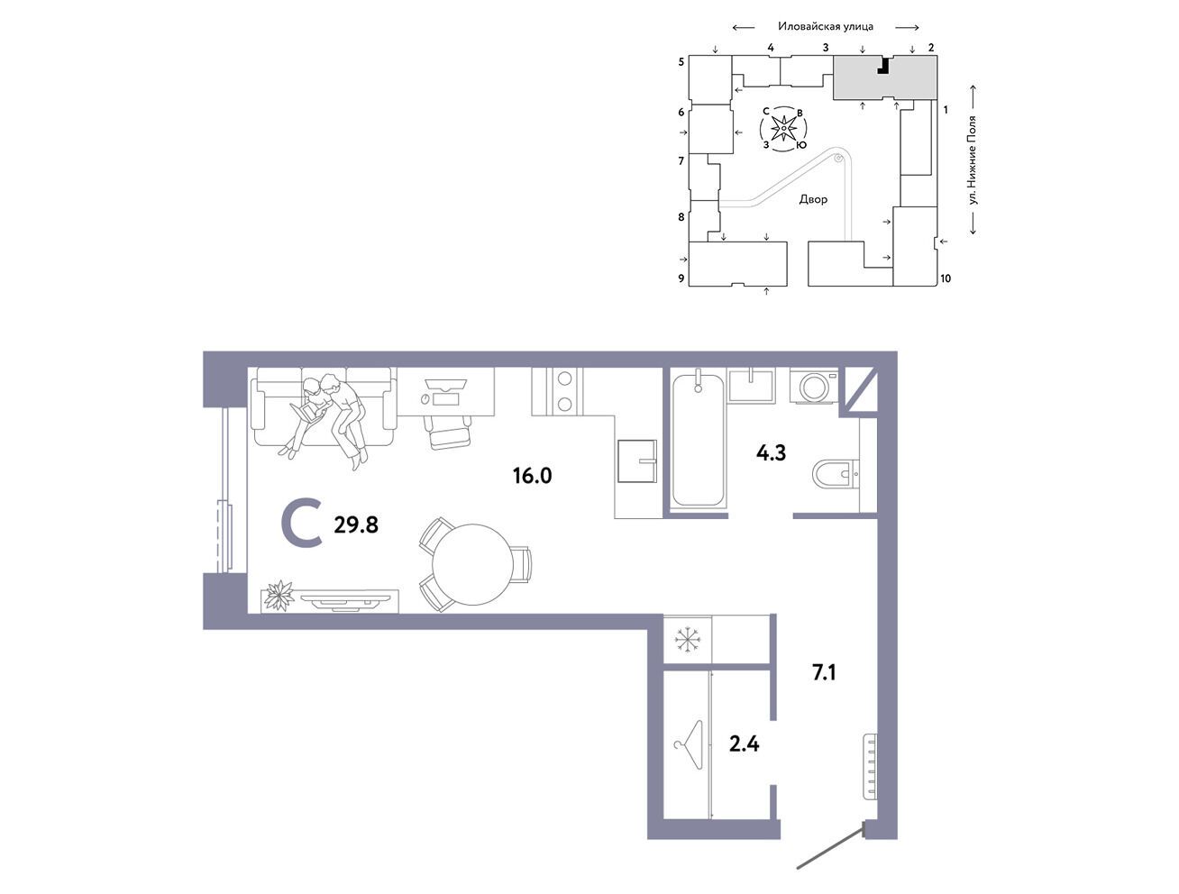 Планировка: 1-комн. квартира 29.80 м² в новостройке Страна. Заречная