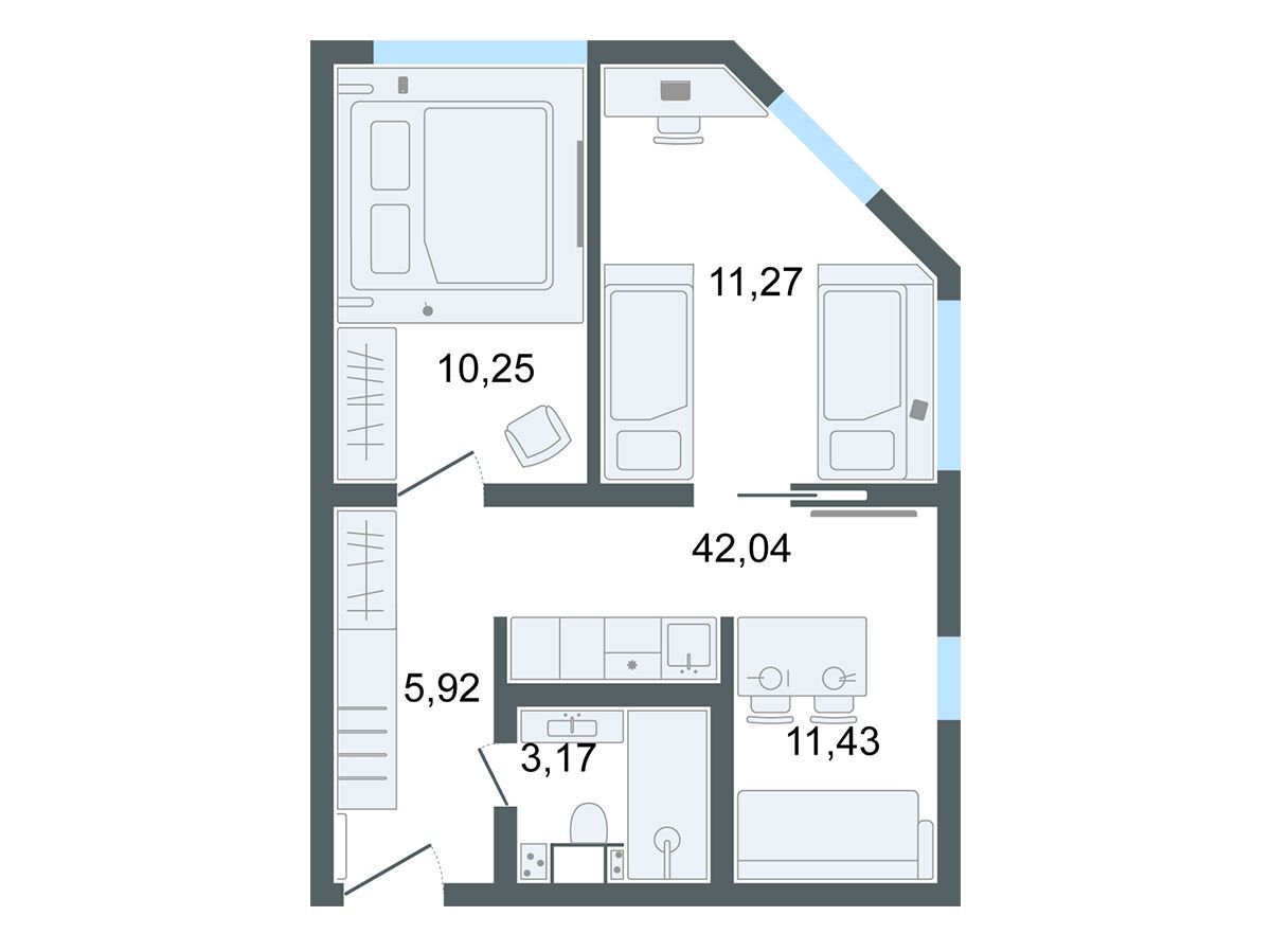 Планировка: 3-комн. квартира 42.04 м² в новостройке Лайф Апарт Октябрьская