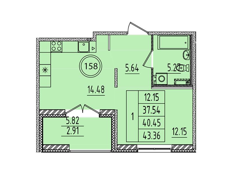 Планировка: 1-комн. квартира 37.54 м² в новостройке Образцовый квартал 14