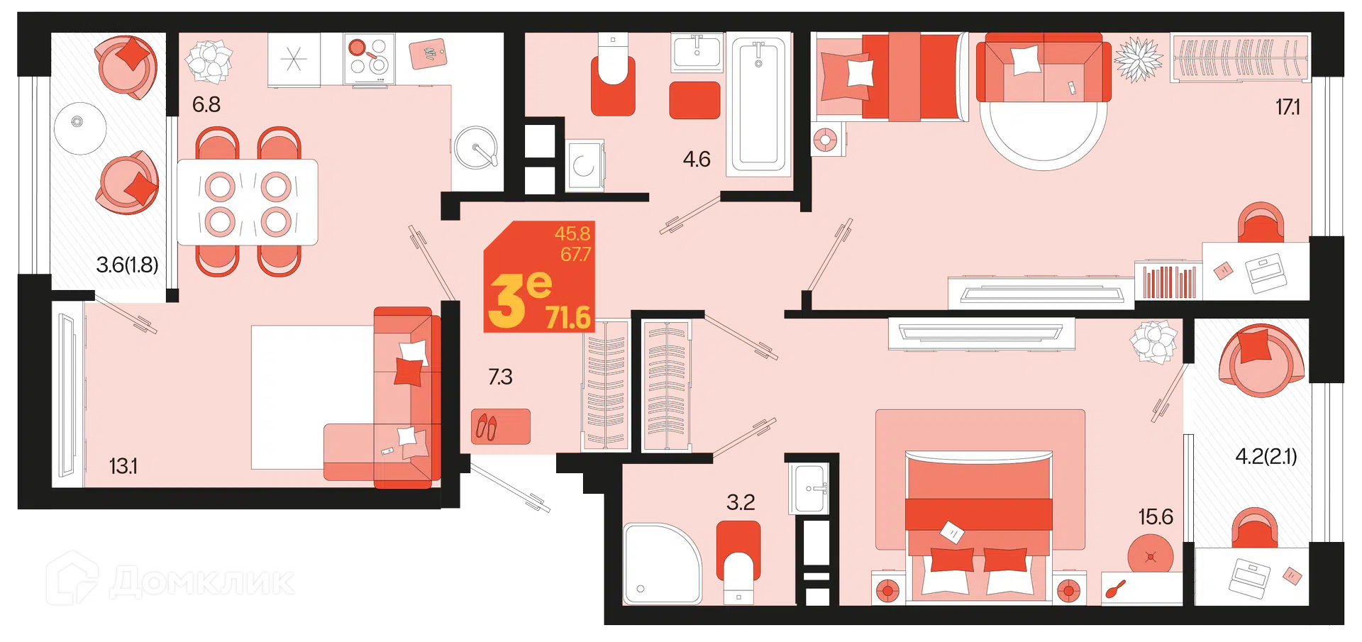 Планировка: 3-комн. квартира 75.50 м² в новостройке Первое место