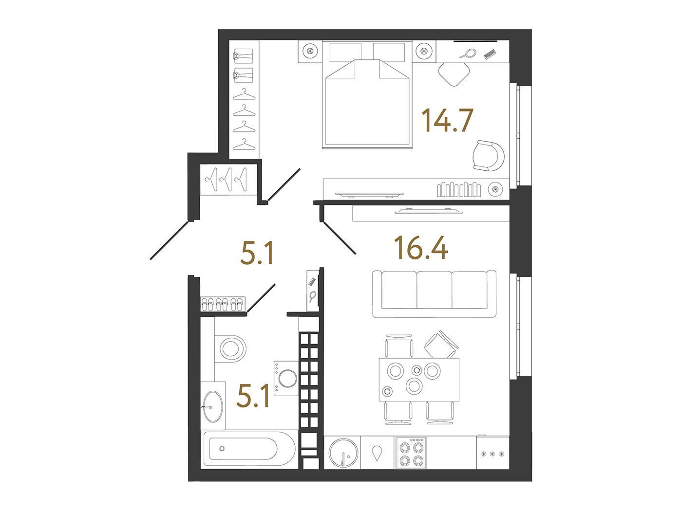 Планировка: 1-комн. квартира 41.30 м² в новостройке Визионер