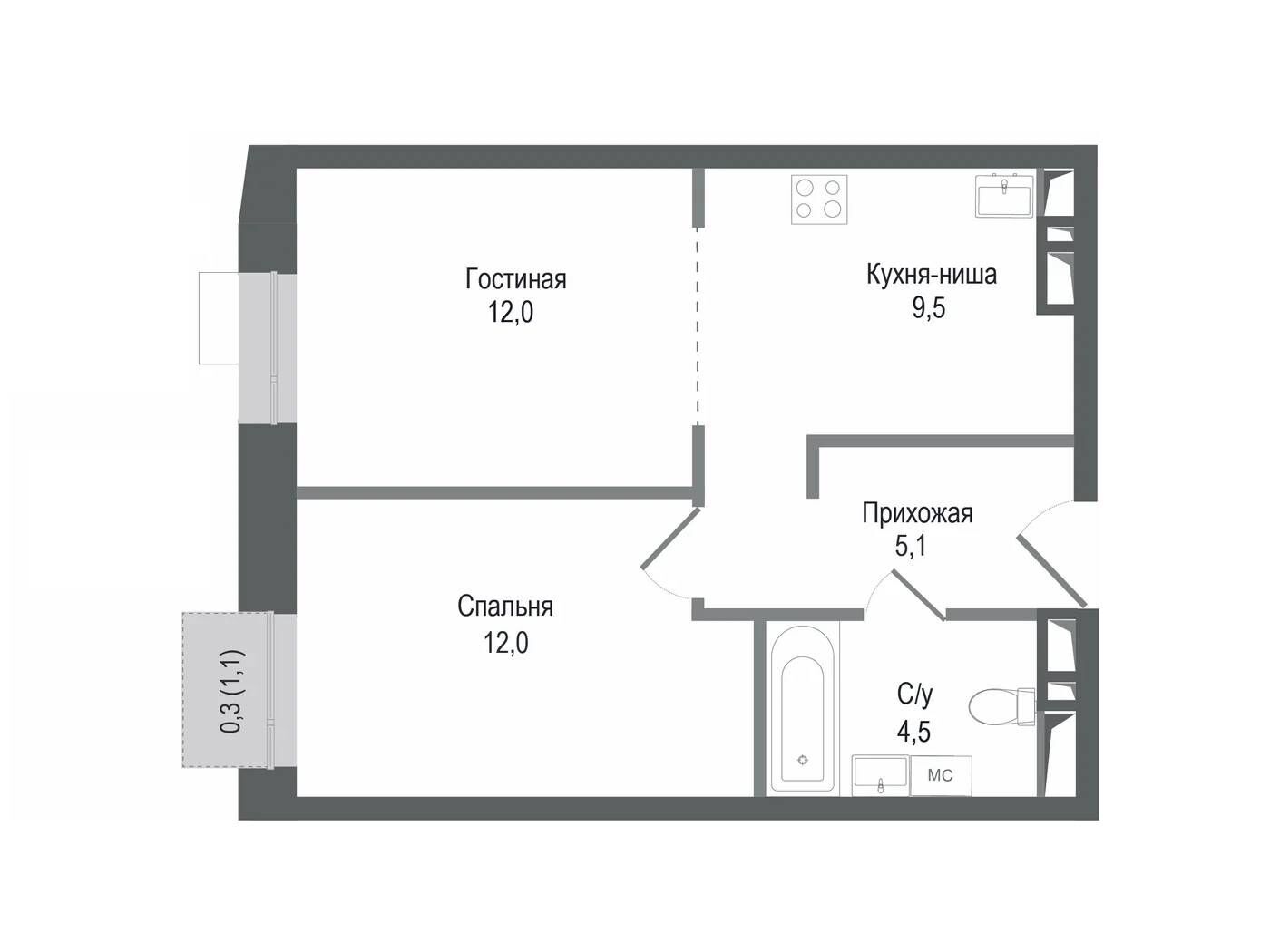 Планировка: 2-комн. квартира 43.10 м² в новостройке Киноквартал
