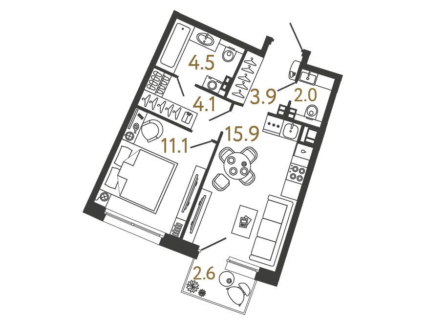 Планировка: 1-комн. квартира 41.50 м² в новостройке Цвет Зеленогорска