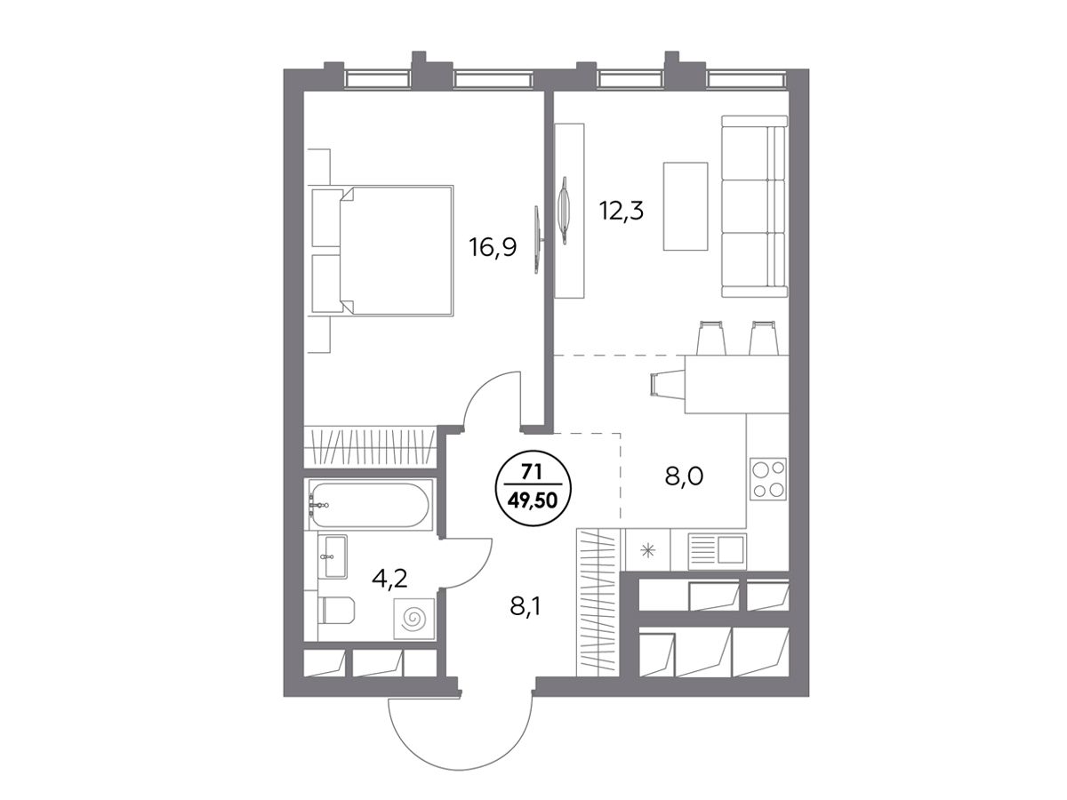 Планировка: 1-комн. квартира 49.50 м² в новостройке Дом 56