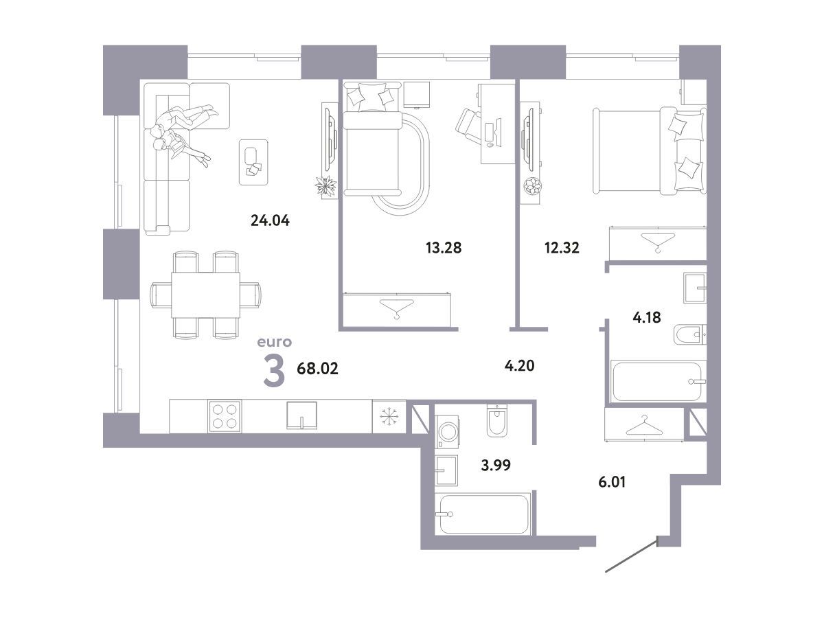 Планировка: 2-комн. квартира 68.02 м² в новостройке Репаблик