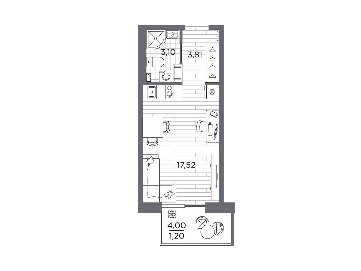 Планировка: Студия 25.63 м² в новостройке Сезоны