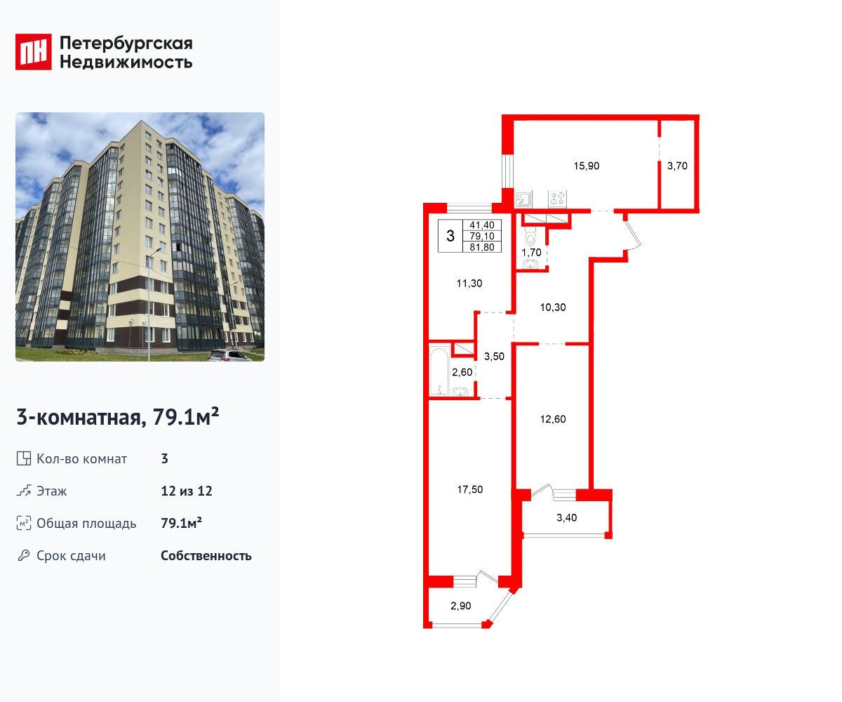 Планировка: 3-комн. квартира 79.10 м² в новостройке Аннинский парк
