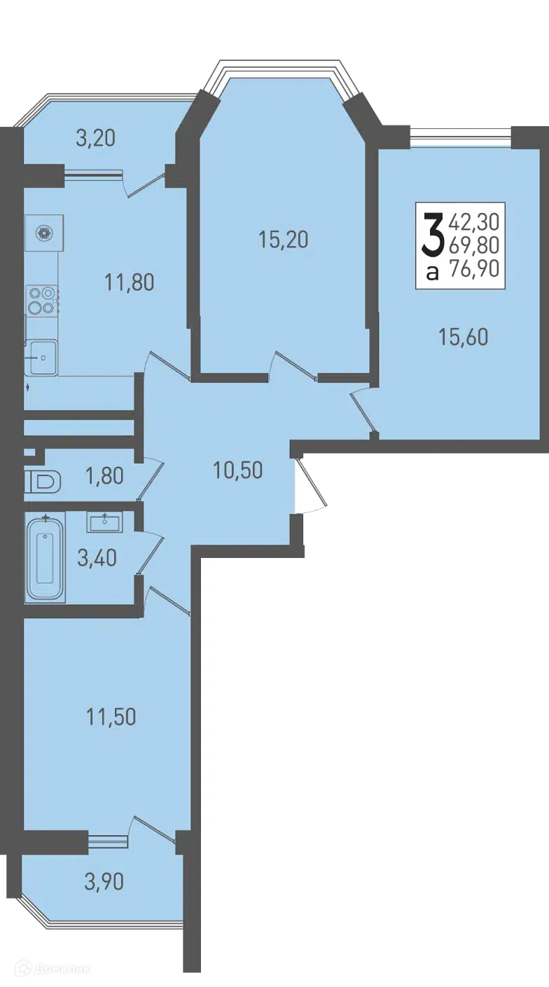 Планировка: 3-комн. квартира 76.90 м² в новостройке Огурцы