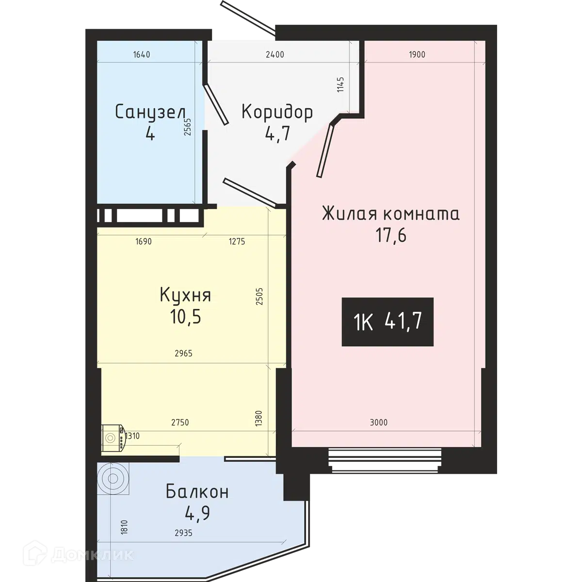 Планировка: 1-комн. квартира 41.70 м² в новостройке Доваторцев 42Б