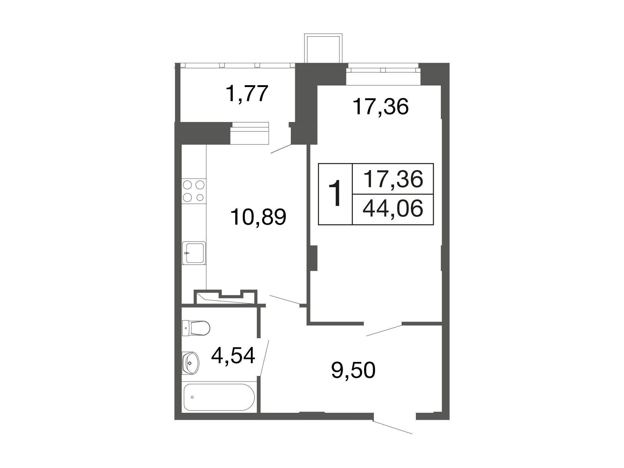 Планировка: 1-комн. квартира 42.30 м² в новостройке Времена года