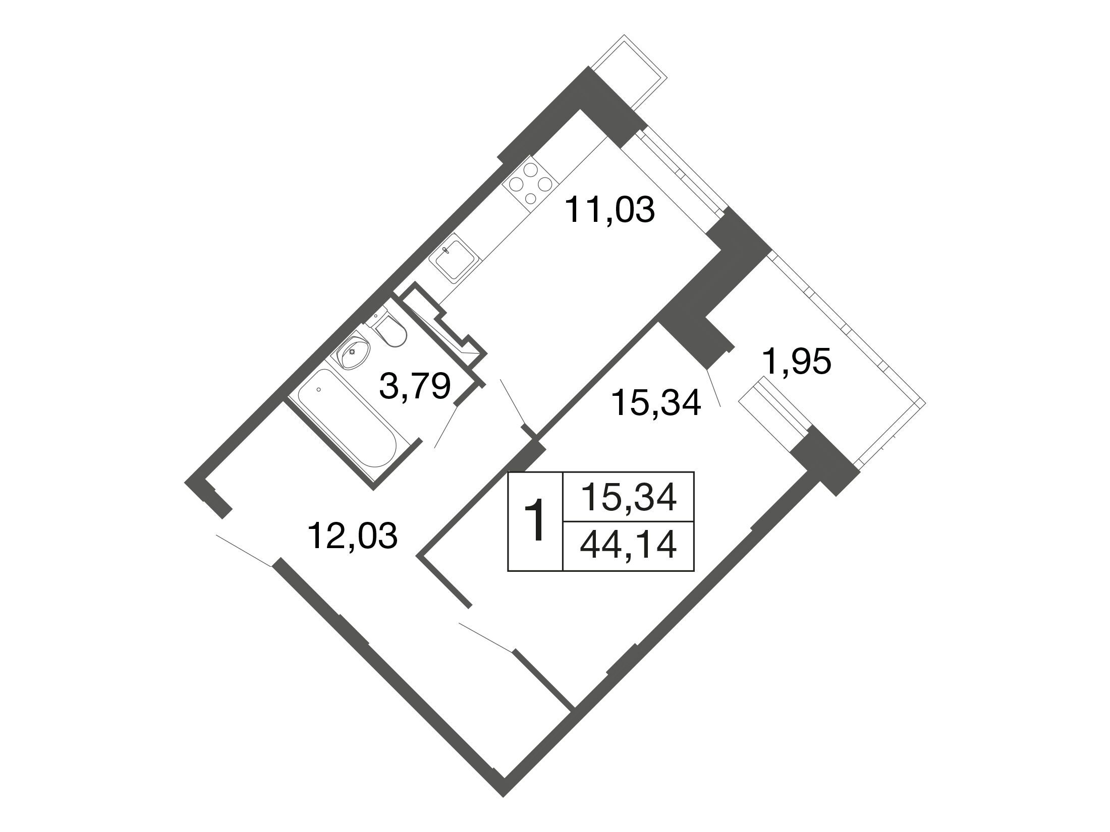 Планировка: 1-комн. квартира 42.10 м² в новостройке Времена года