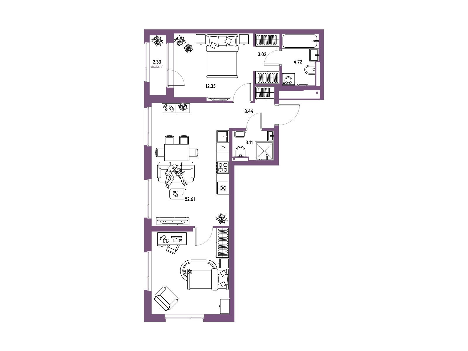 Планировка: 3-комн. квартира 67.08 м² в новостройке Страна Парковая