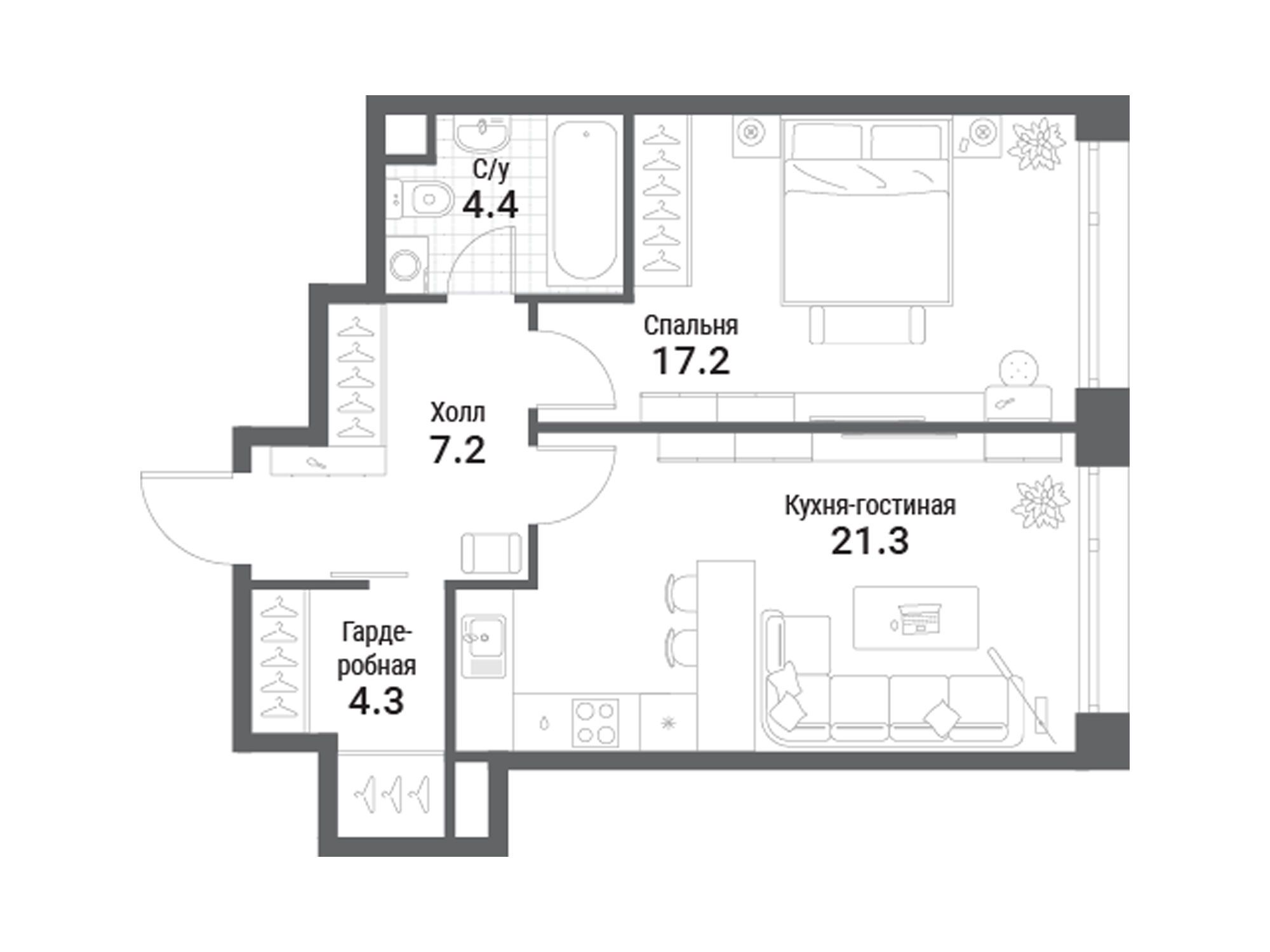 Планировка: 1-комн. квартира 54.40 м² в новостройке ЖК Нагатино ай-лэнд
