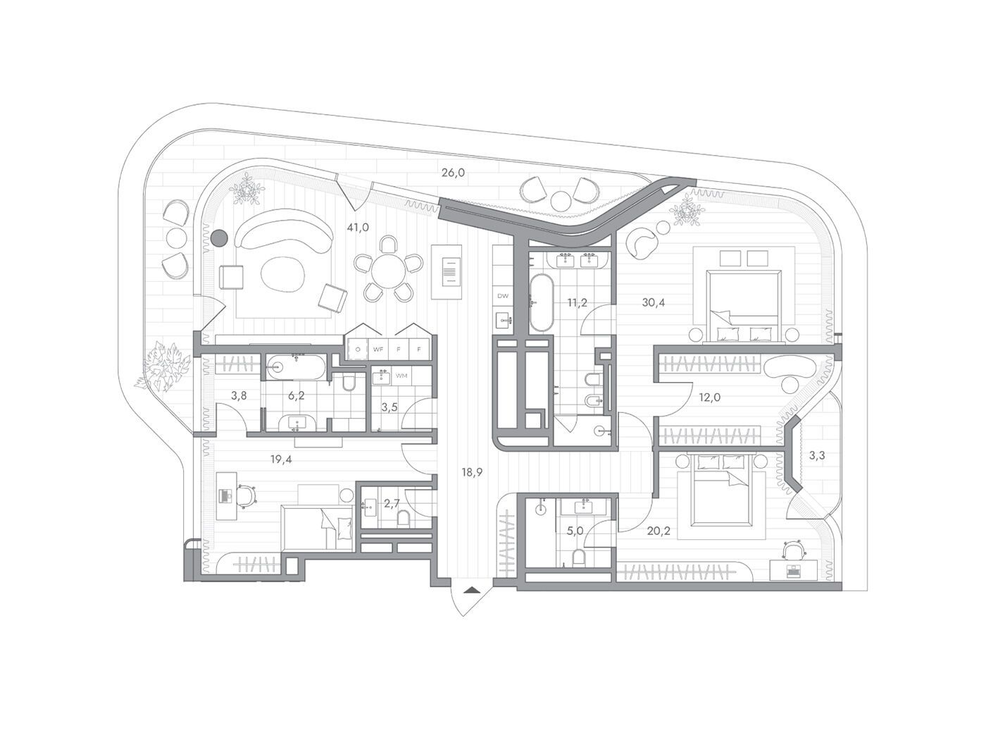 Планировка: 3-комн. квартира 183.10 м² в новостройке Фантом